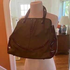 Tre Nero Elegant Brown Suede Leather and Burgundy Patent Women's Bag